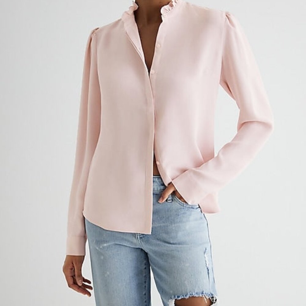 EXPRESS Relaxed Ruffle Neck Portofino Shirt Light Pink Size L
